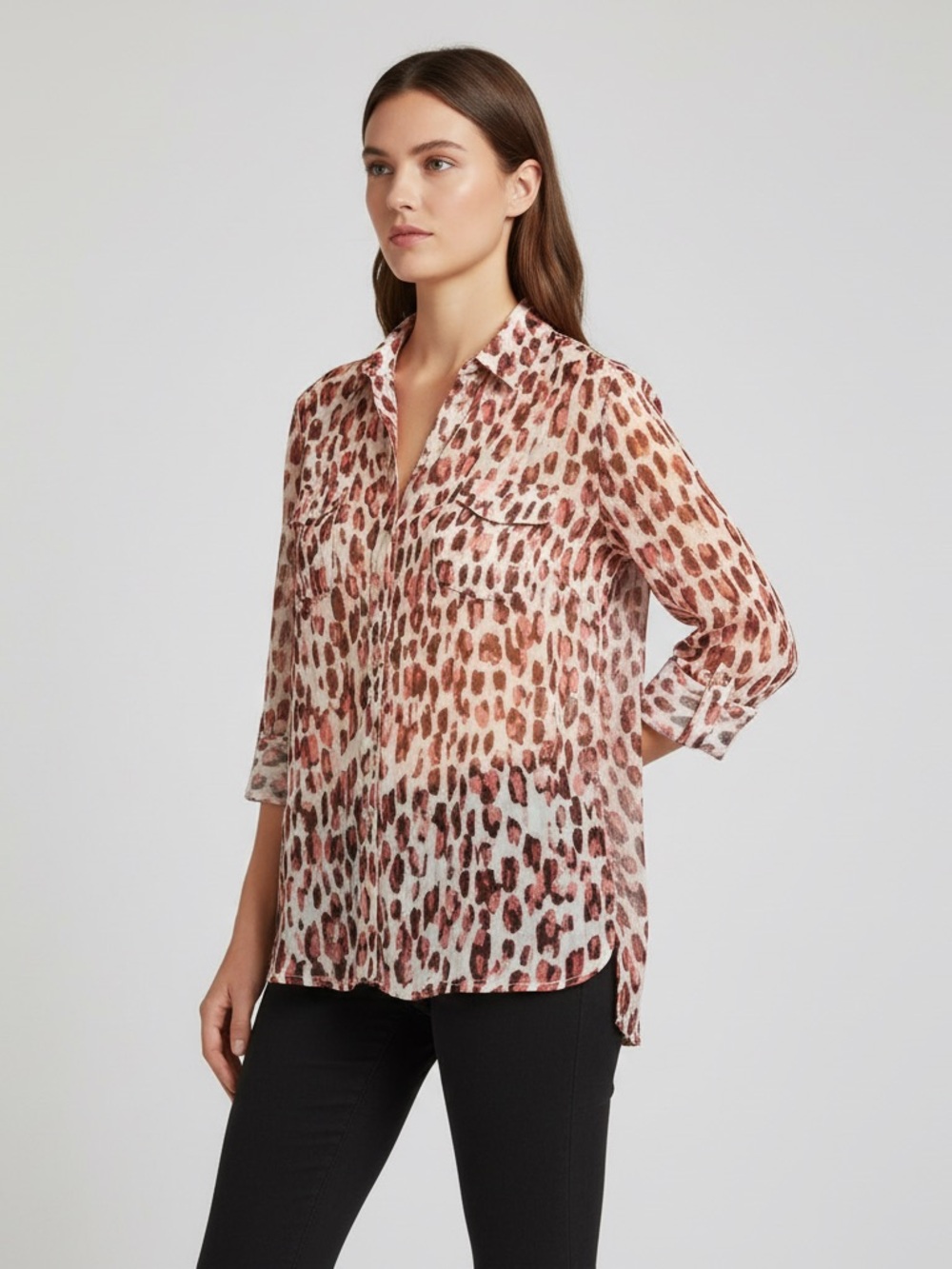Women's Chico's Semi-sheer Blouse Large White Brown Red Animal Print